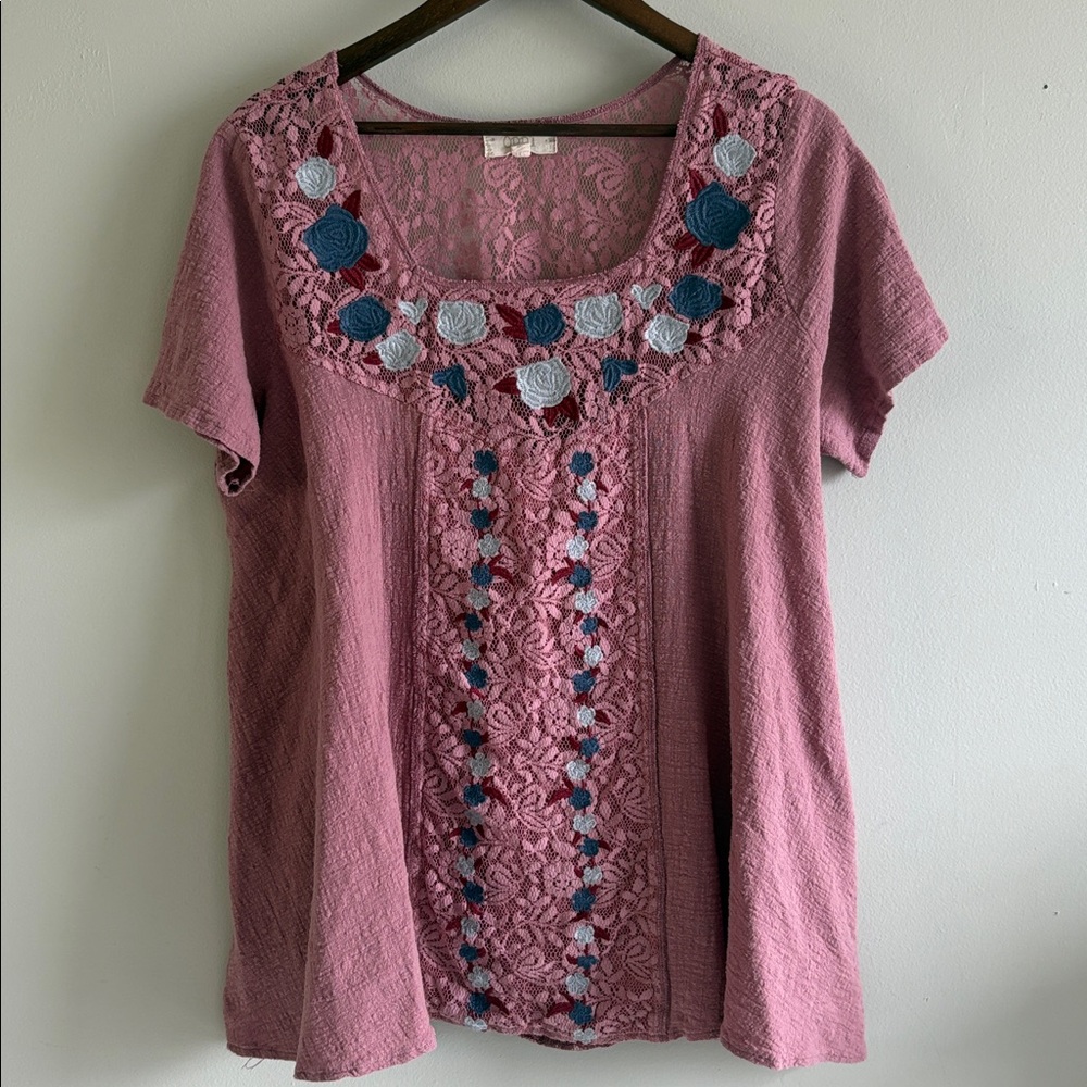 Dolan 2XL‎ Pink Lace Embroidered Boho Top Floral Blouse